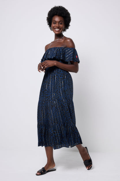 Navy with Black Rock and Roll Leopard Metallic Bardot Midi Dress