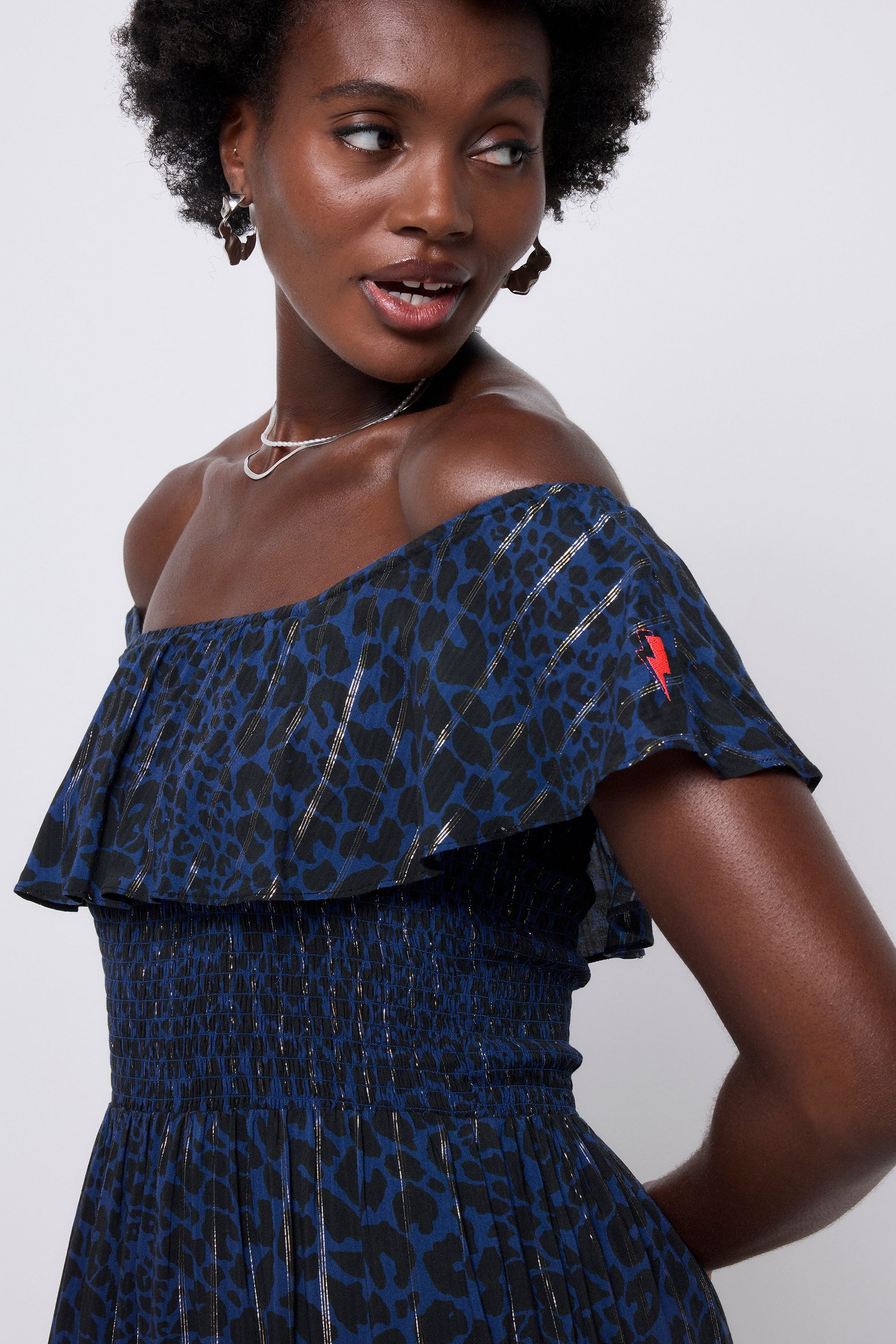 Navy with Black Rock and Roll Leopard Metallic Bardot Midi Dress
