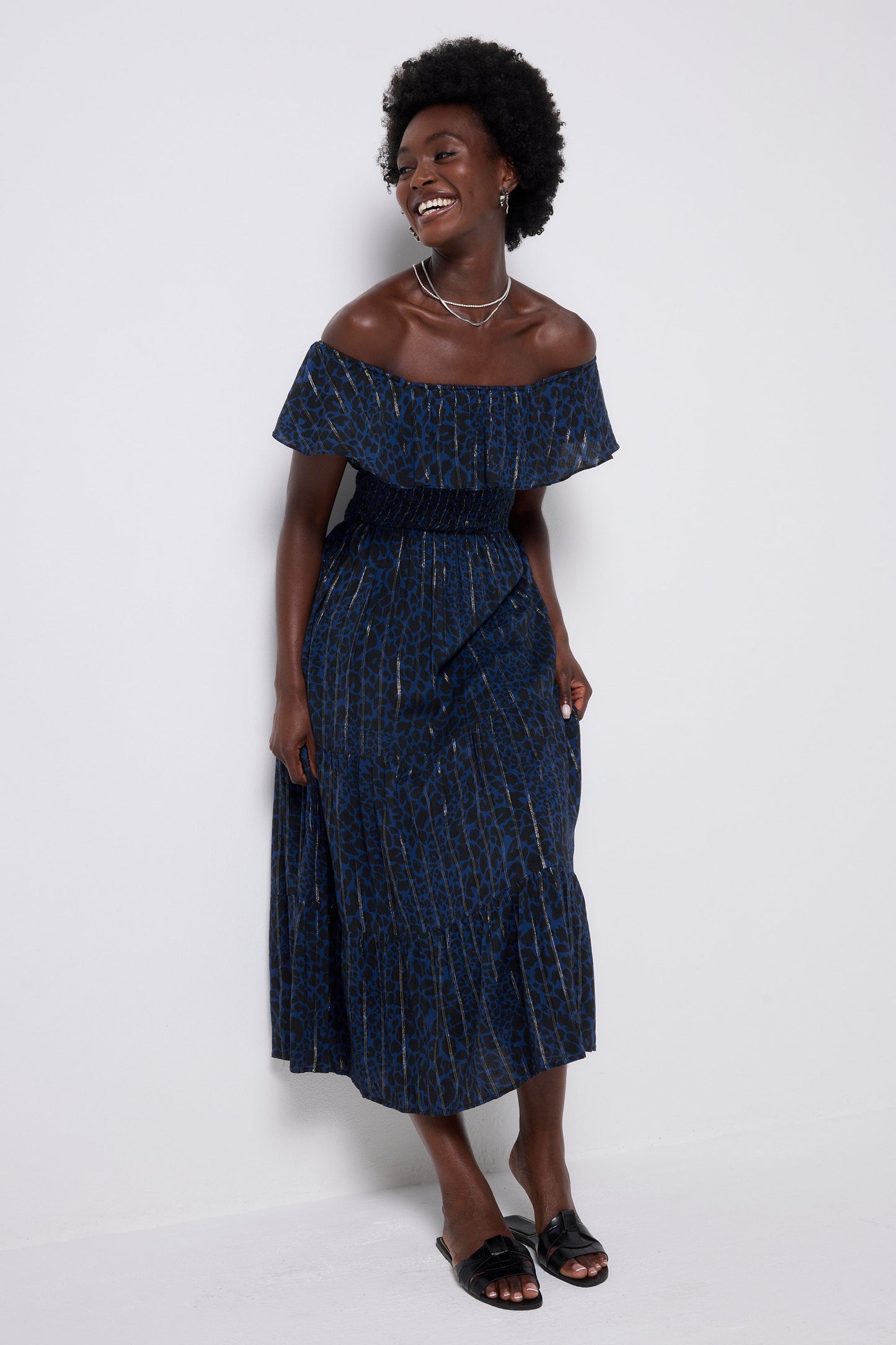 Navy with Black Rock and Roll Leopard Metallic Bardot Midi Dress