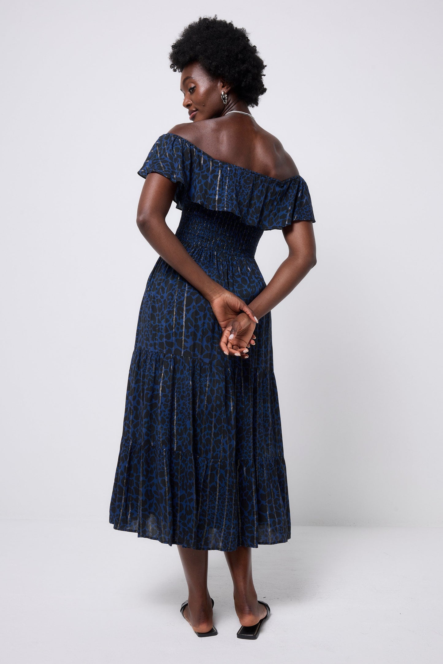 Navy with Black Rock and Roll Leopard Metallic Bardot Midi Dress