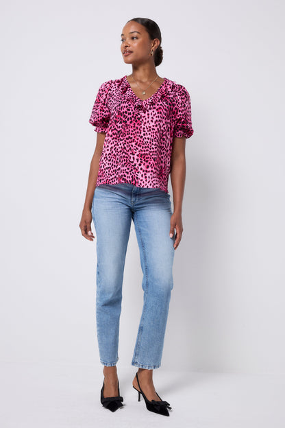 Bright Pink with Black Cheetah Ruffle V-Neck Blouse