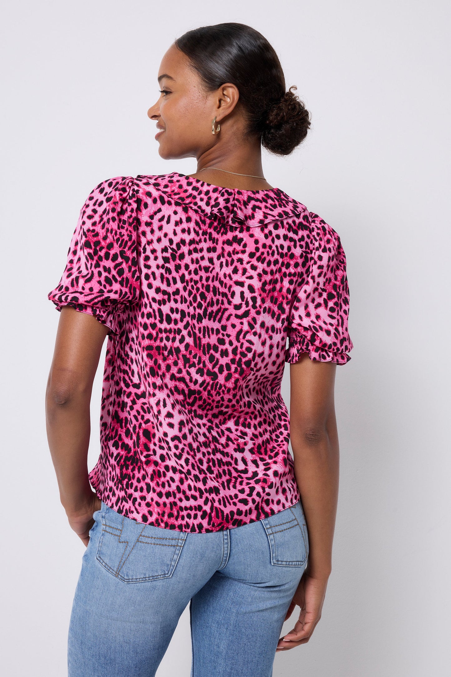 Bright Pink with Black Cheetah Ruffle V-Neck Blouse