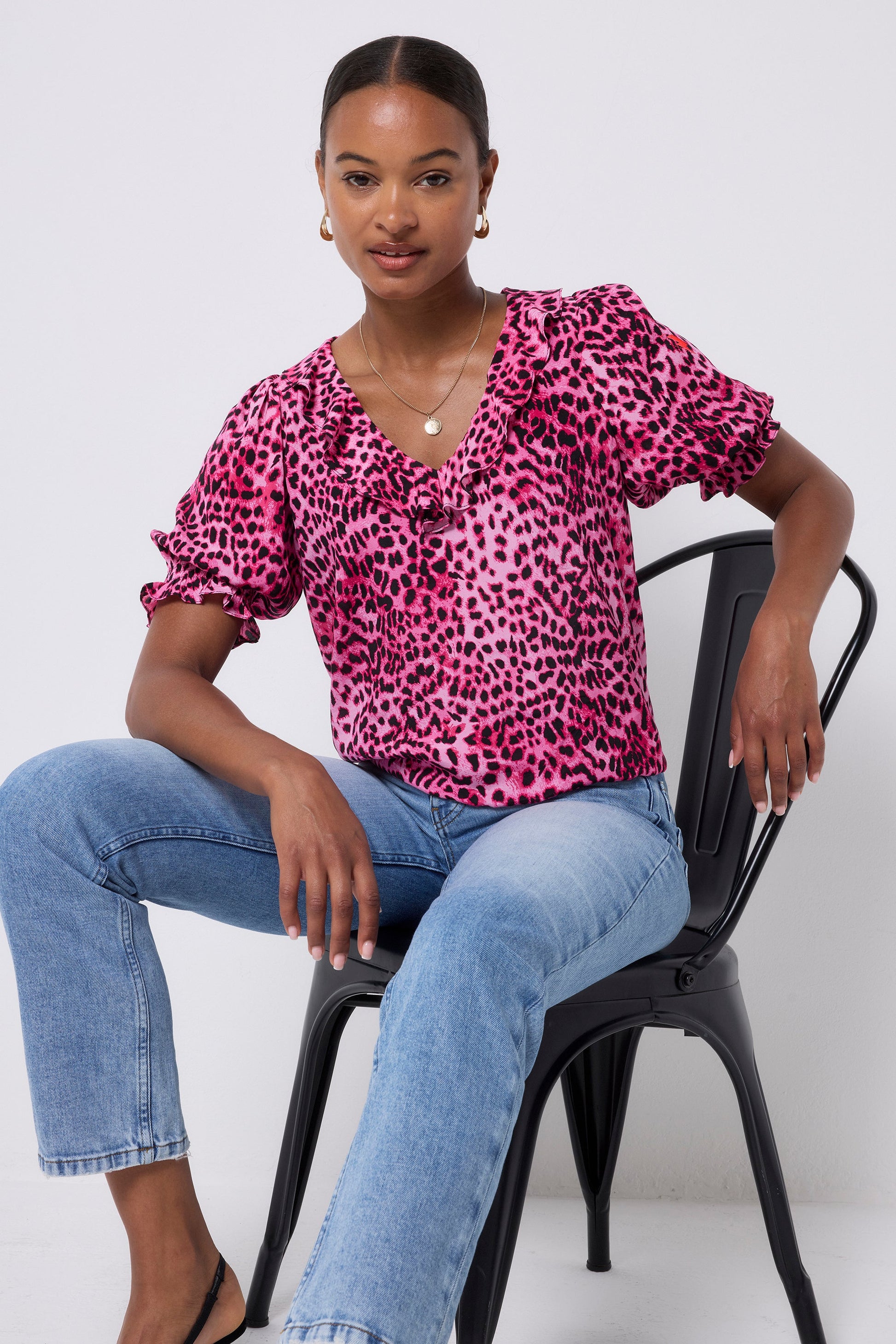 Bright Pink with Black Cheetah Ruffle V-Neck Blouse