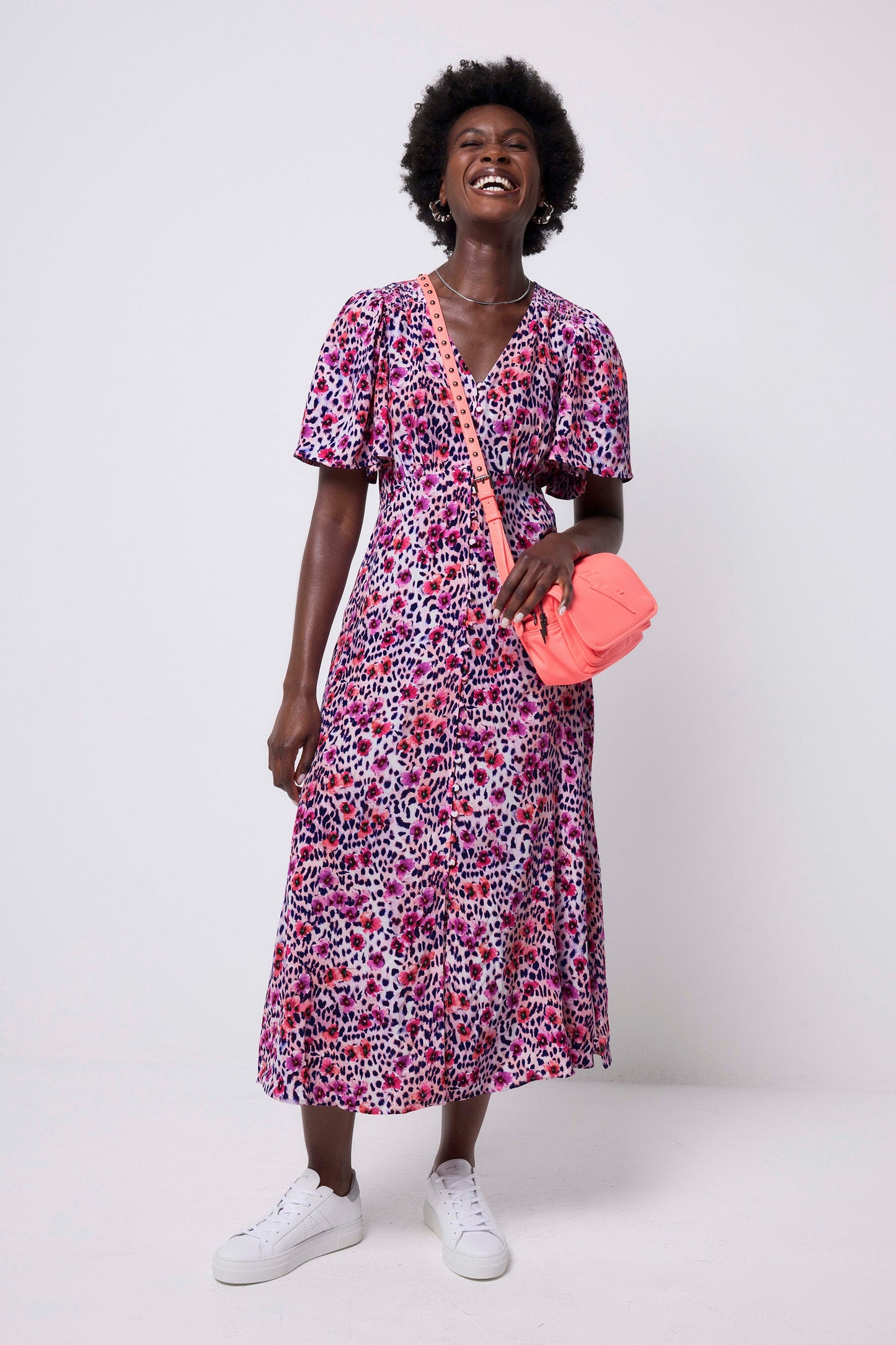 White with Pink Paradise Cheetah Angel Sleeve Midi Tea Dress