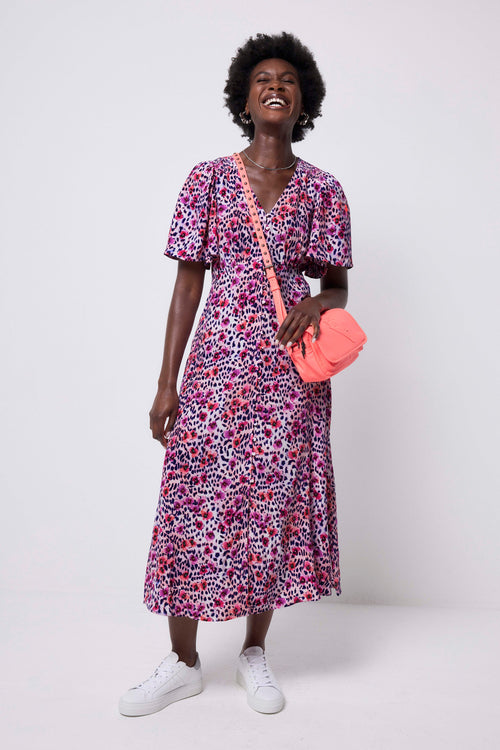 White with Pink Paradise Cheetah Angel Sleeve Midi Tea Dress