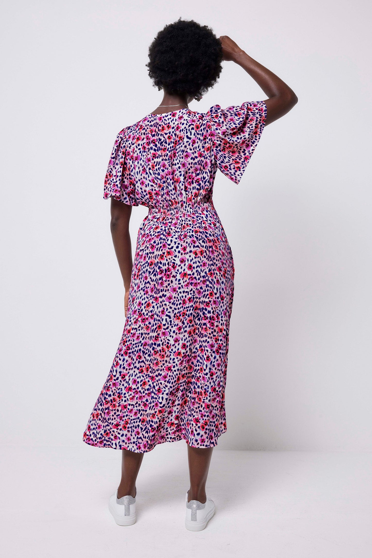 White with Pink Paradise Cheetah Angel Sleeve Midi Tea Dress