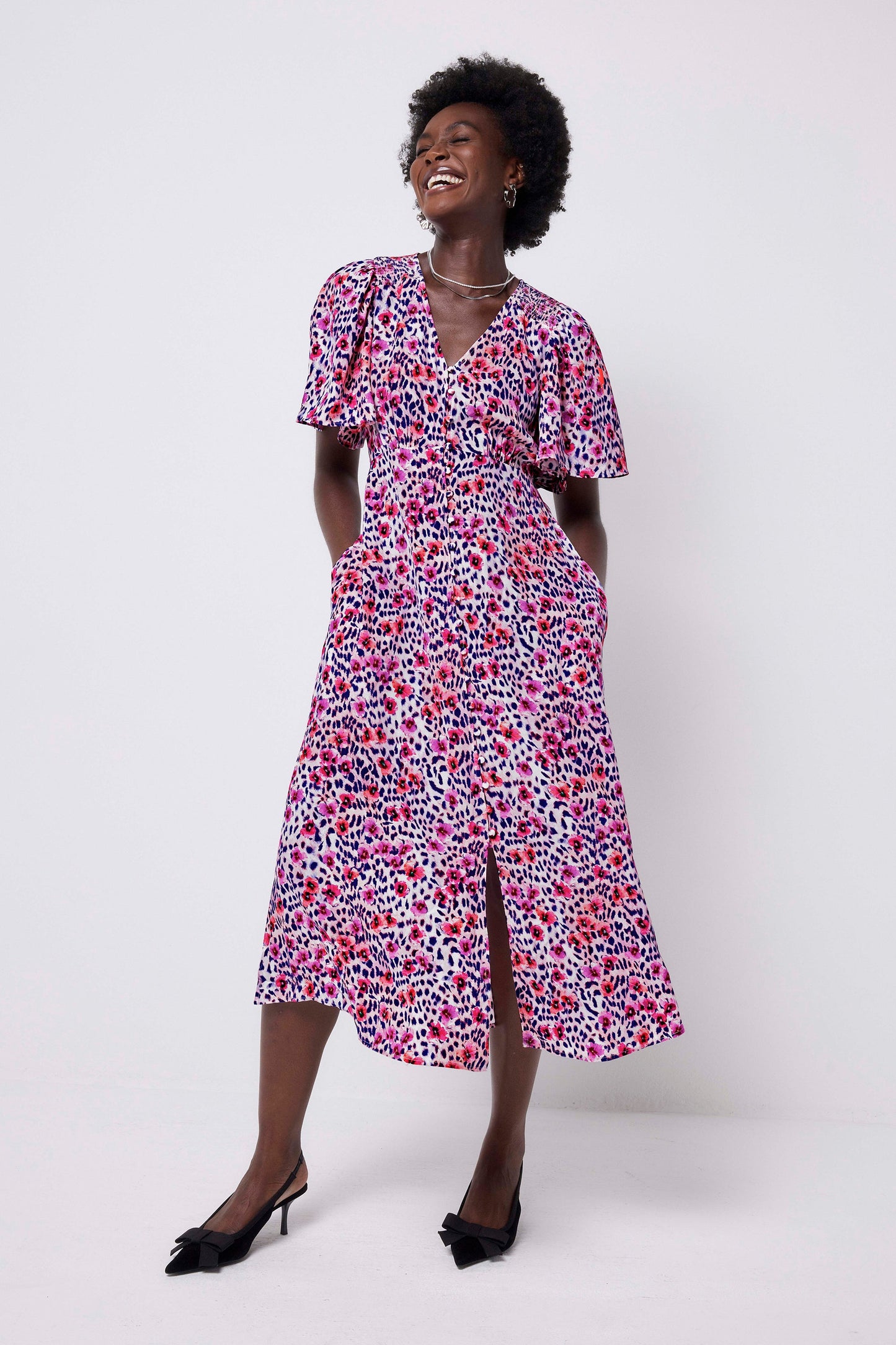 White with Pink Paradise Cheetah Angel Sleeve Midi Tea Dress