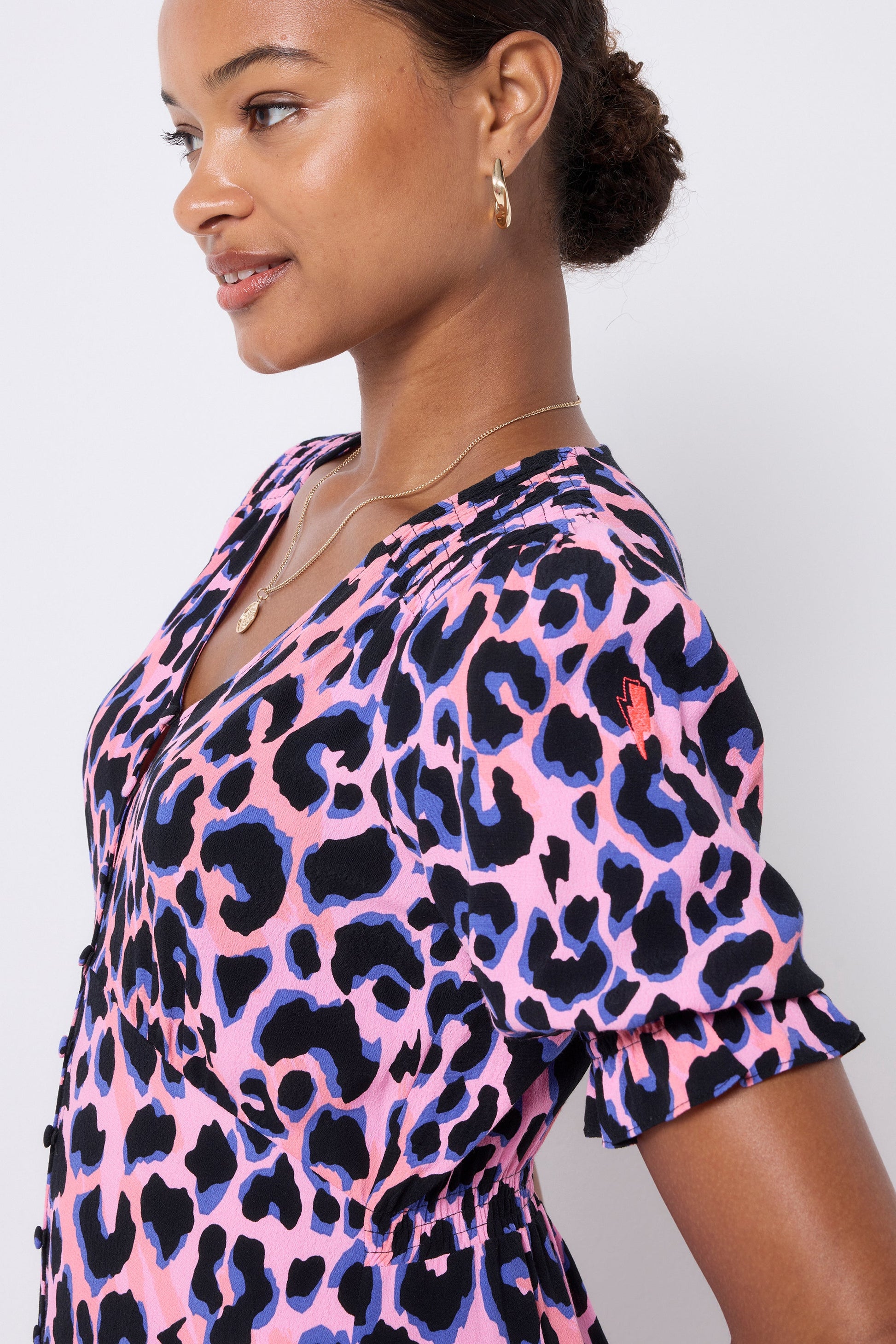 Pink with Blue and Black Shadow Leopard Flute Sleeve Midi Tea Dress