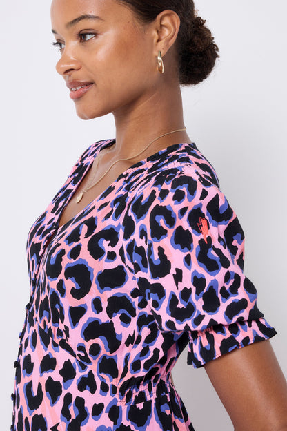 Pink with Blue and Black Shadow Leopard Flute Sleeve Midi Tea Dress