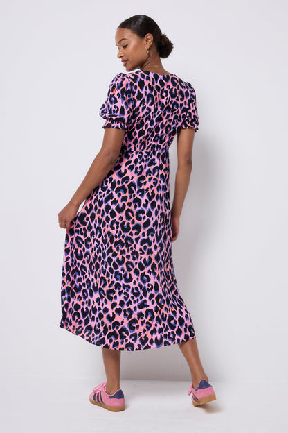Pink with Blue and Black Shadow Leopard Flute Sleeve Midi Tea Dress