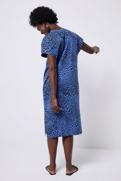 Blue with Black Leopard Ray Midi T-Shirt Dress