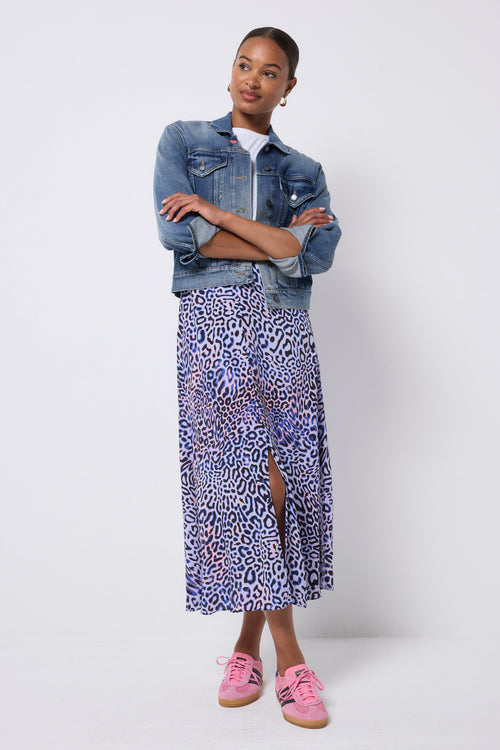 Lilac with Black and Pink Leopard Ray Button Through Skirt