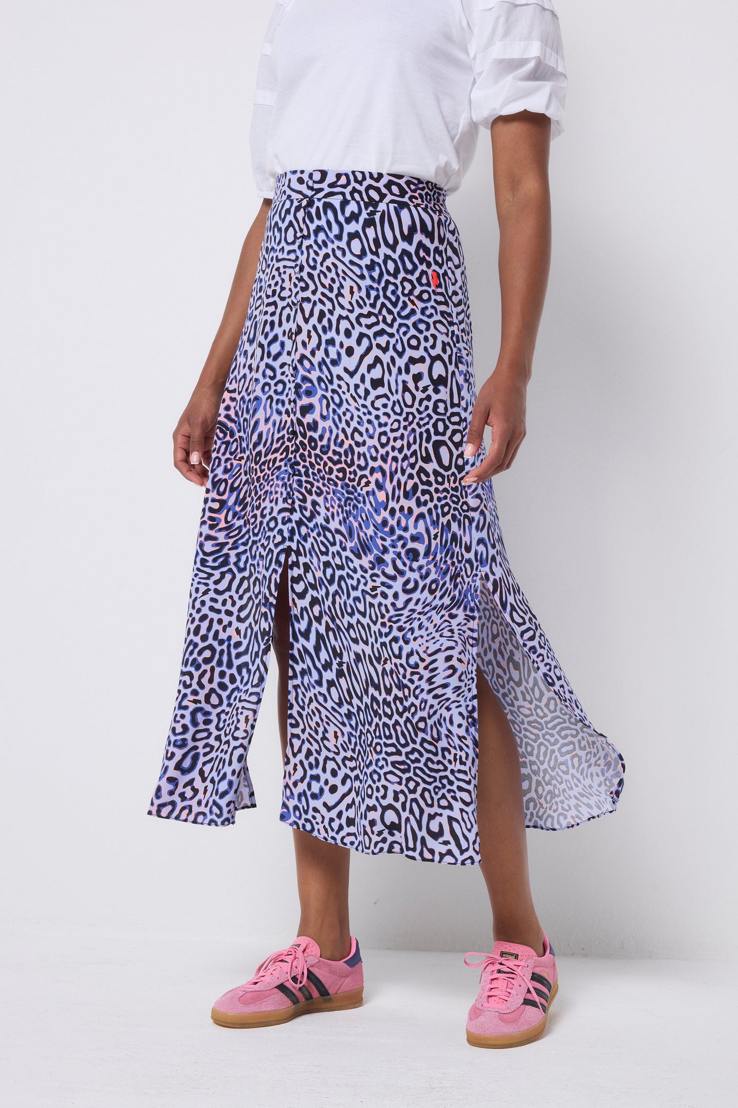 Lilac with Black and Pink Leopard Ray Button Through Skirt