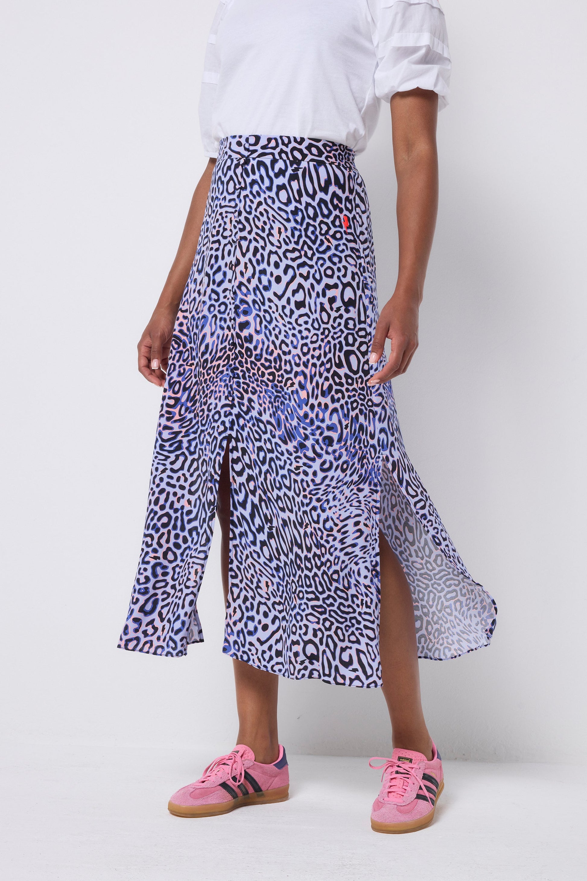 Lilac with Black and Pink Leopard Ray Button Through Skirt