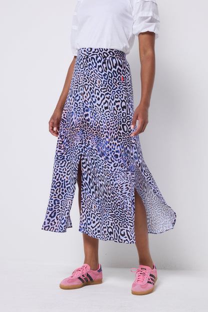 Lilac with Black and Pink Leopard Ray Button Through Skirt
