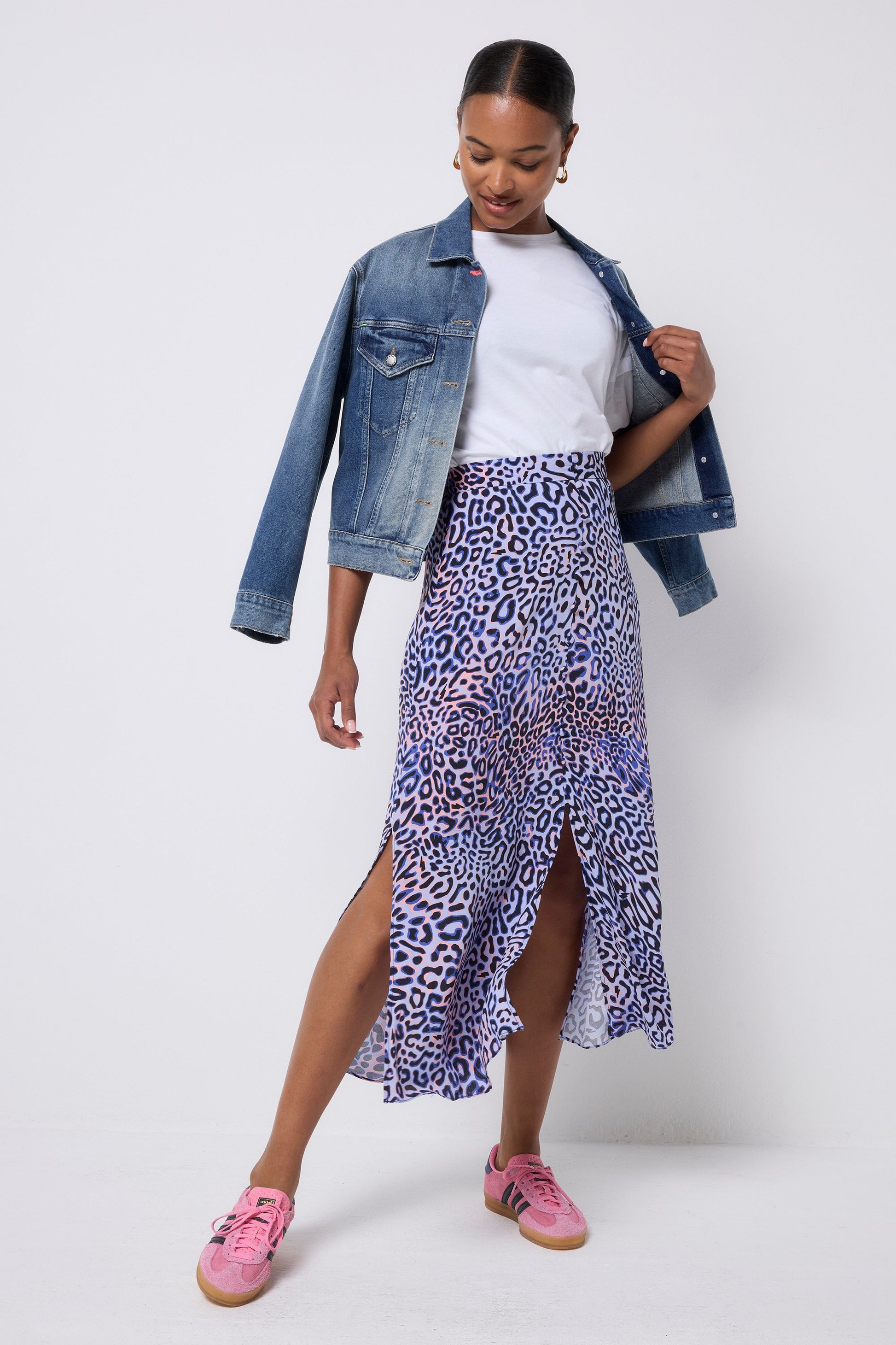 Lilac with Black and Pink Leopard Ray Button Through Skirt
