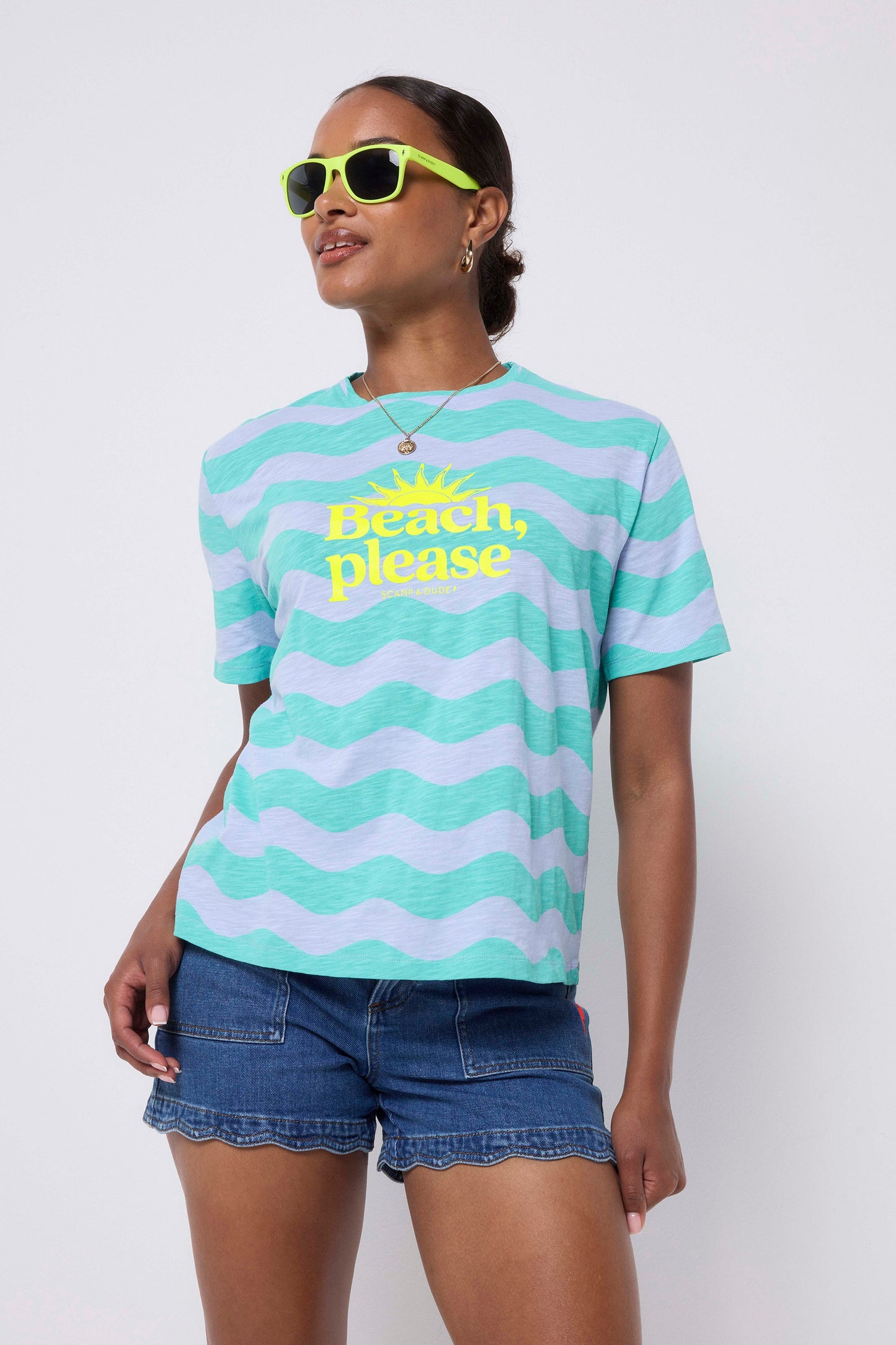 Blue with Green Wave Stripe Beach Please T-Shirt