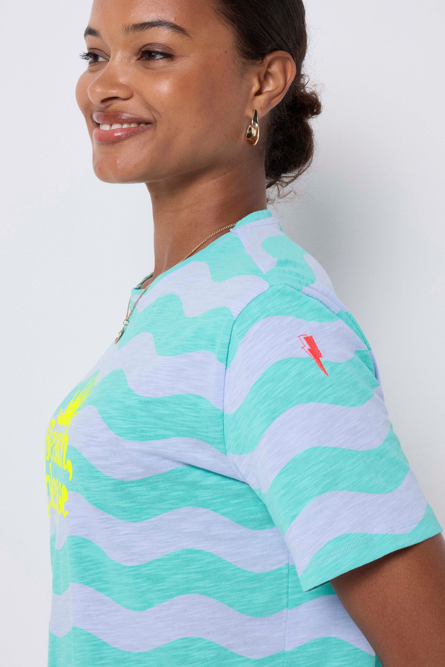 Blue with Green Wave Stripe Beach Please T-Shirt
