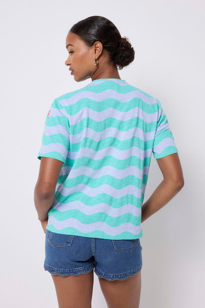 Blue with Green Wave Stripe Beach Please T-Shirt