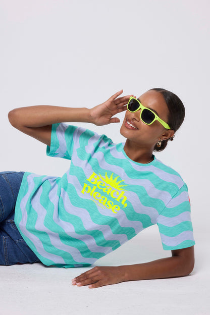 Blue with Green Wave Stripe Beach Please T-Shirt