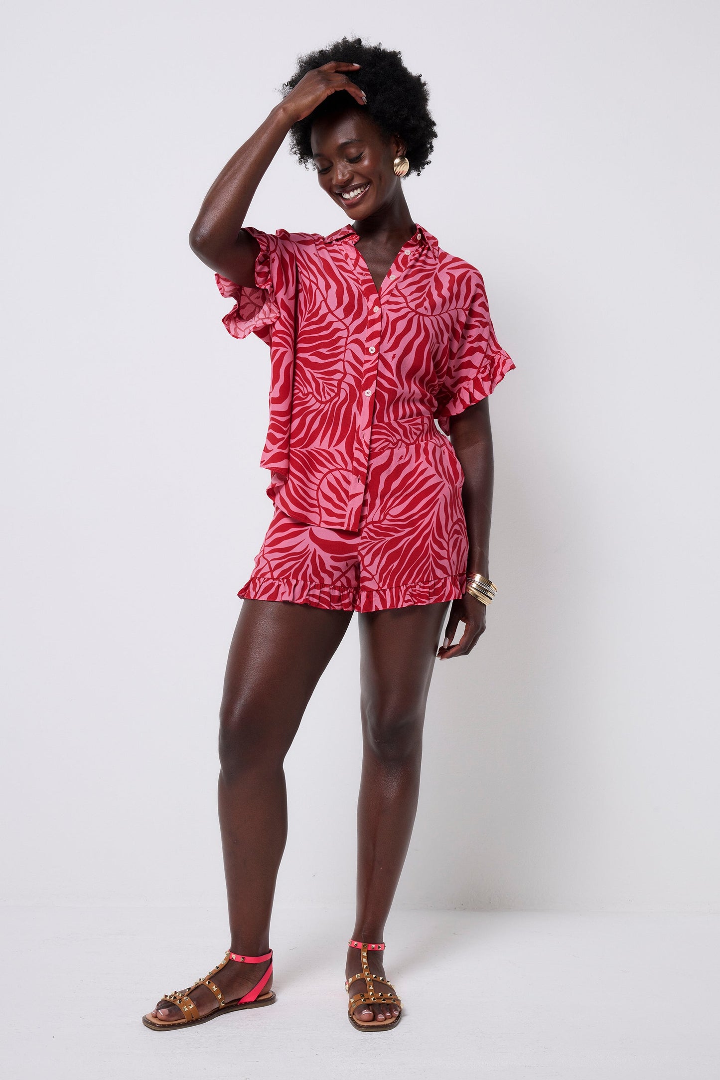 Pink with Red Palm Frill Sleeve Shirt
