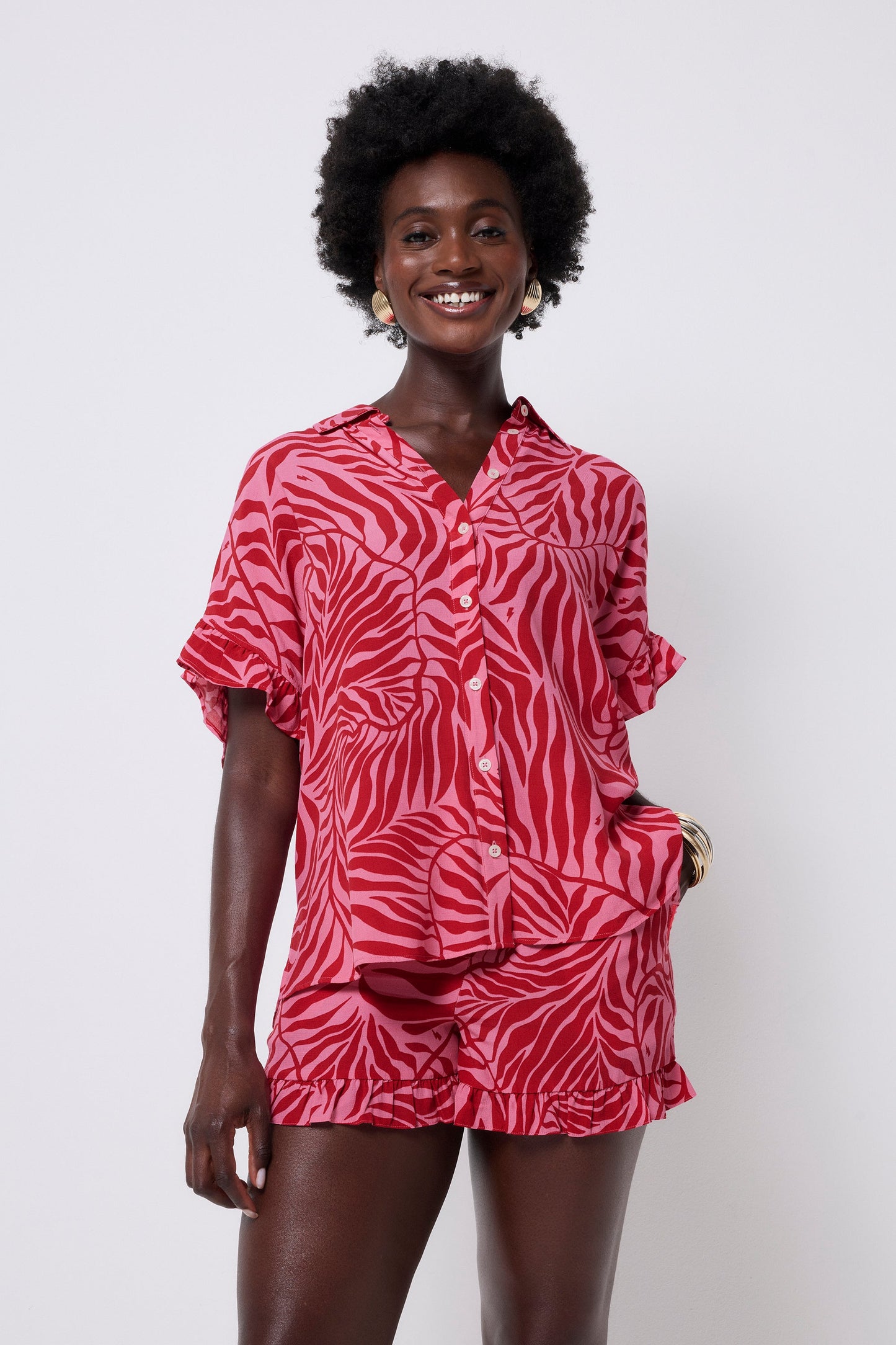 Pink with Red Palm Frill Sleeve Shirt