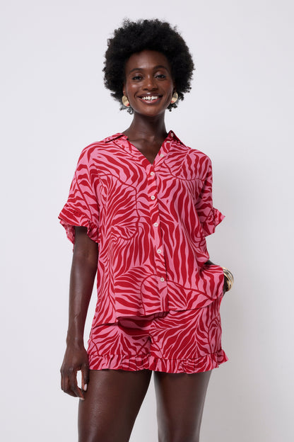 Pink with Red Palm Frill Sleeve Shirt