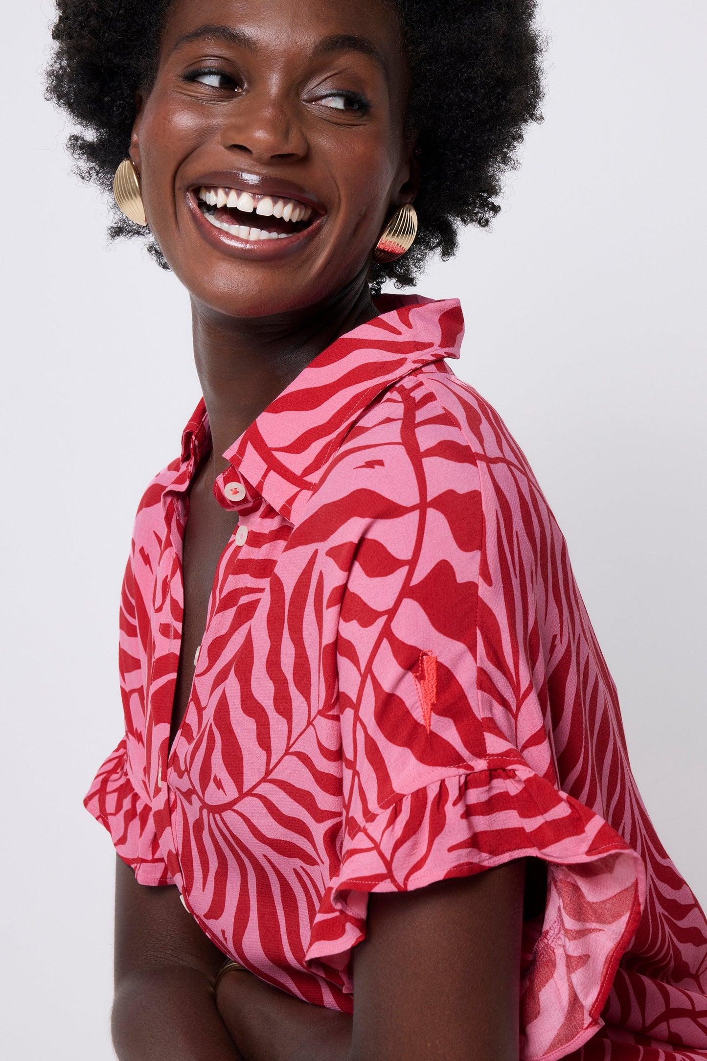 Pink with Red Palm Frill Sleeve Shirt