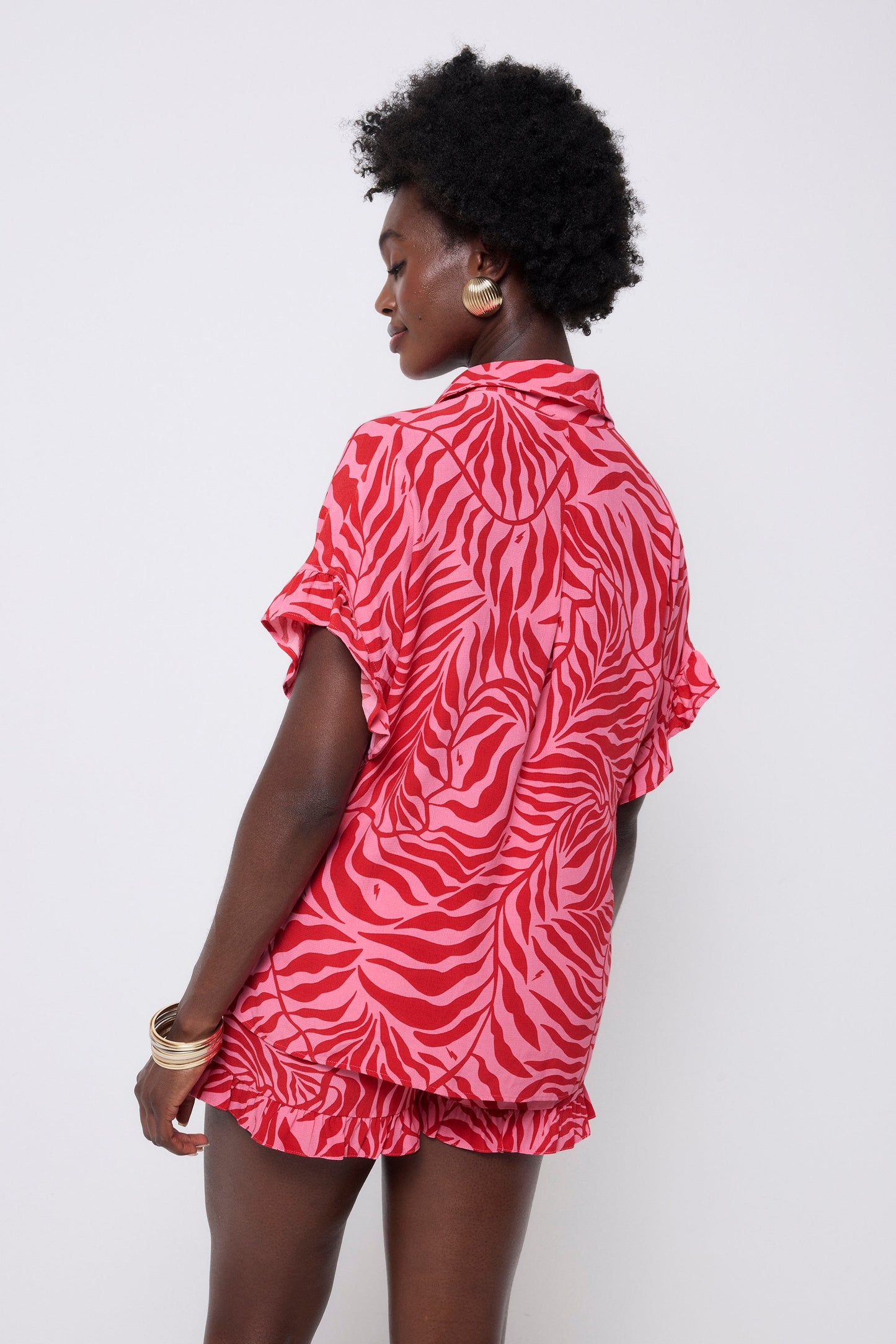 Pink with Red Palm Frill Sleeve Shirt