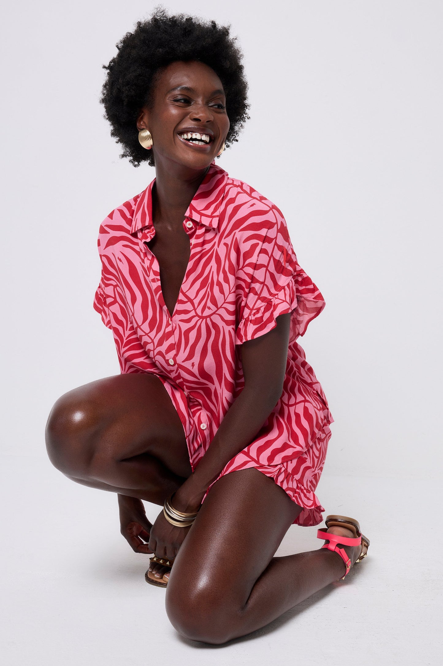 Pink with Red Palm Frill Sleeve Shirt