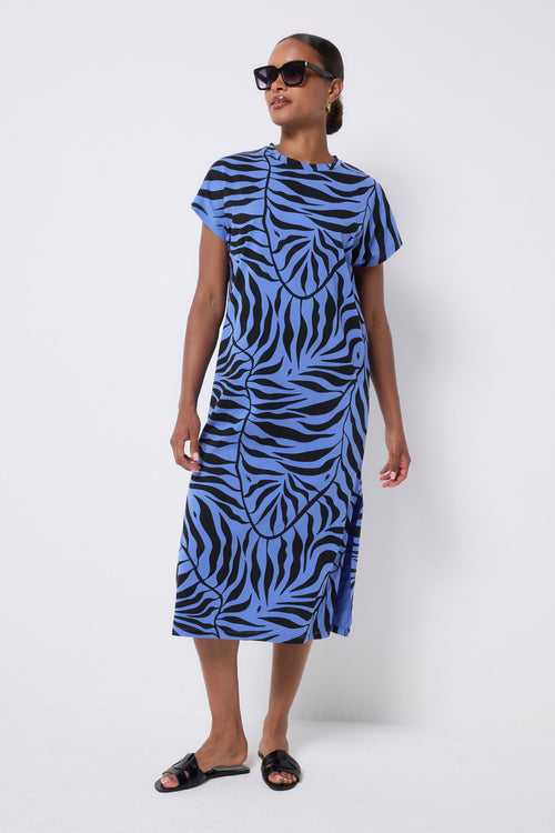 Blue with Black Palm Midi T-Shirt Dress