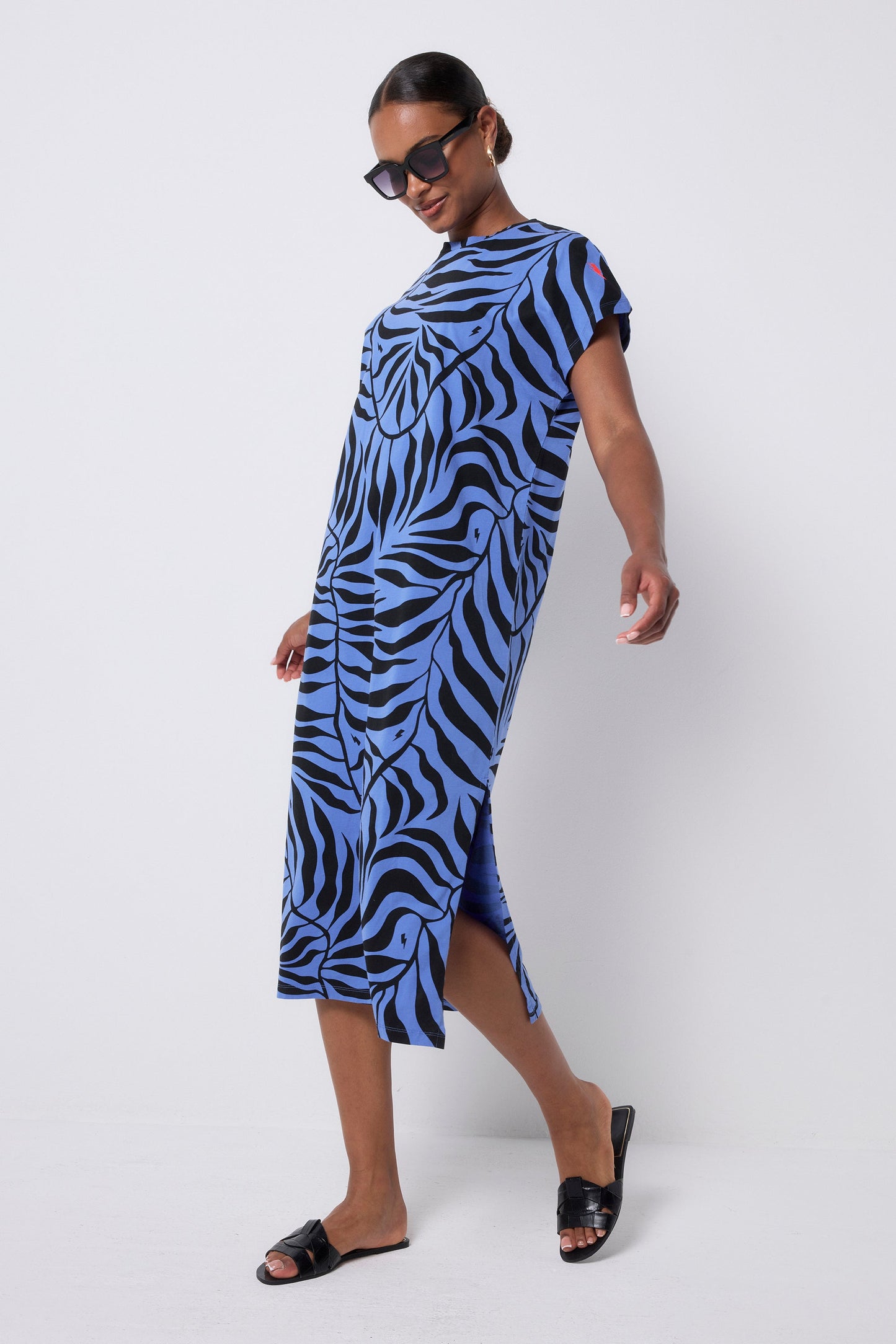 Blue with Black Palm Midi T-Shirt Dress