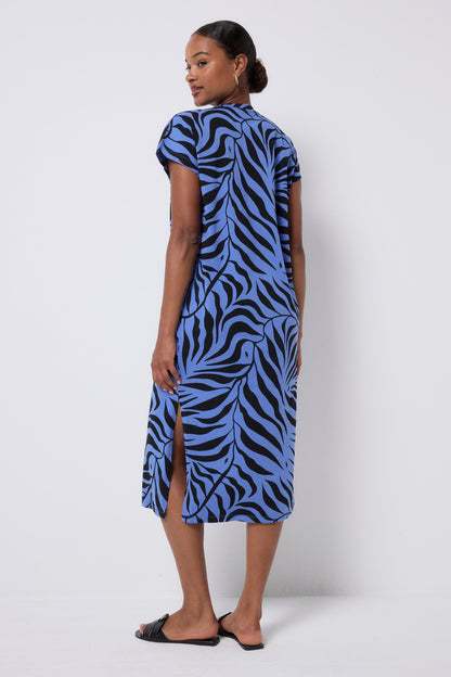 Blue with Black Palm Midi T-Shirt Dress