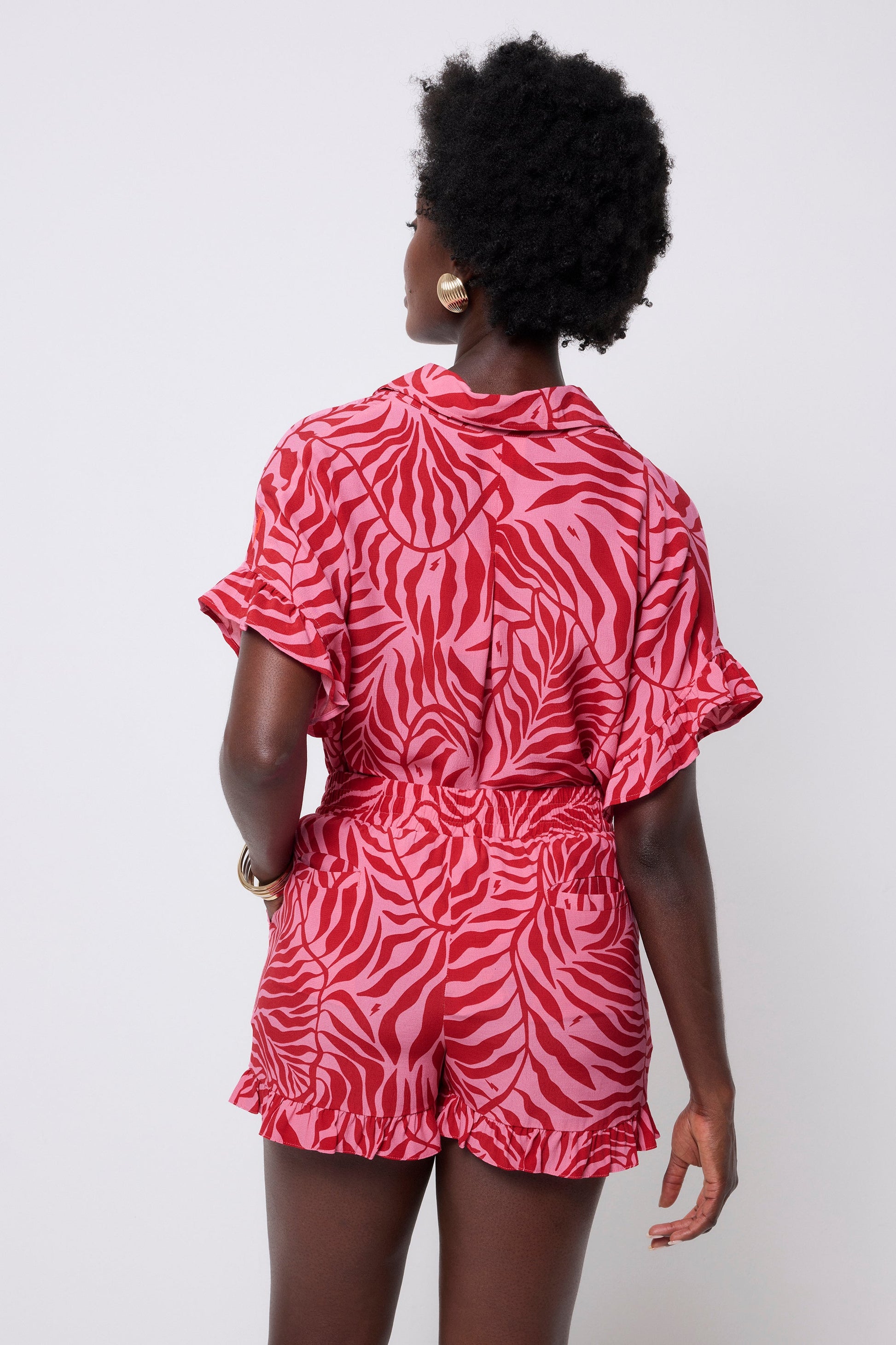 Pink with Red Palm Frill Hem Shorts