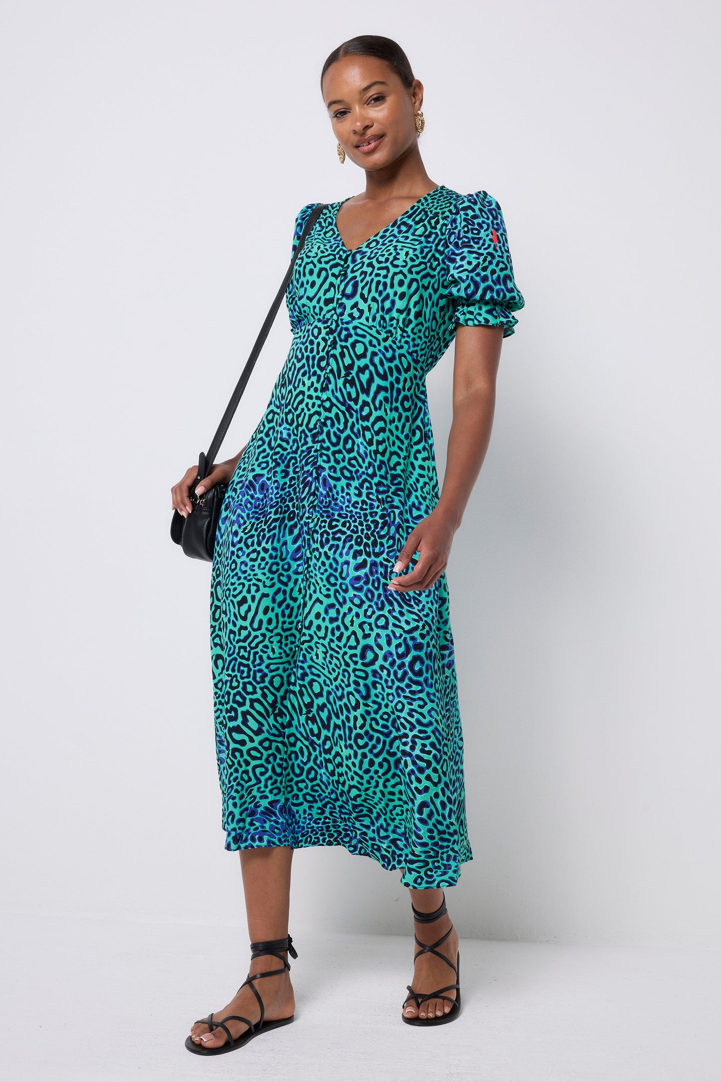Green with Black Leopard Ray Flute Sleeve Midi Tea Dress