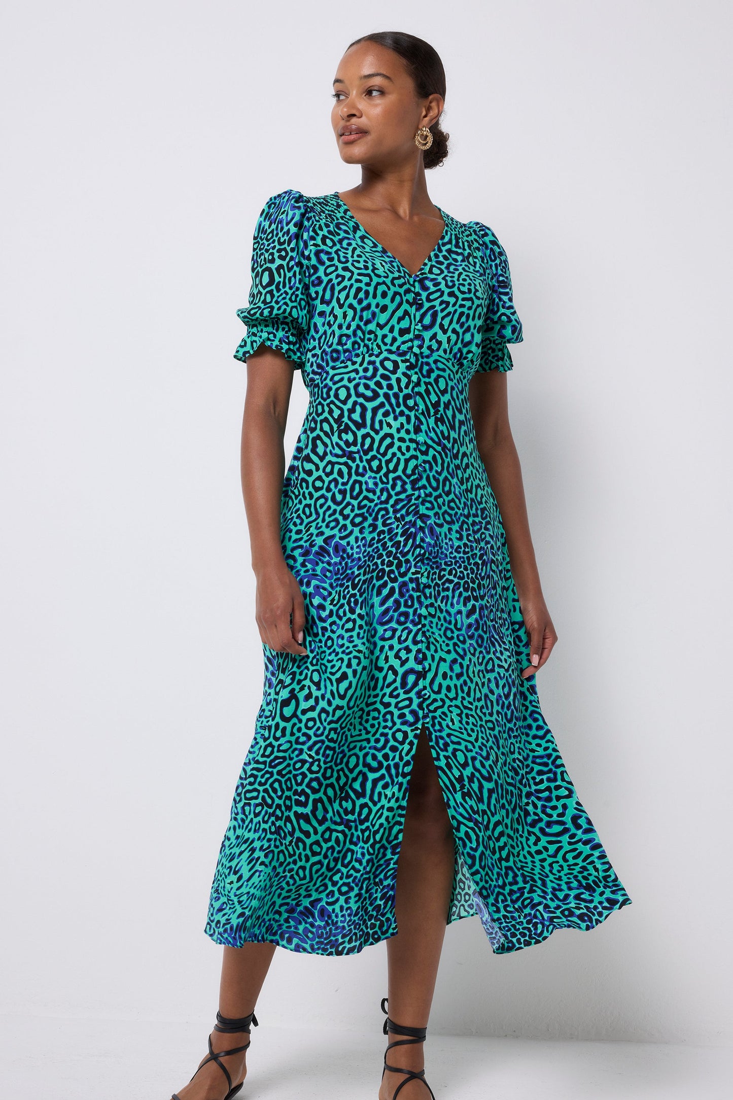 Green with Black Leopard Ray Flute Sleeve Midi Tea Dress