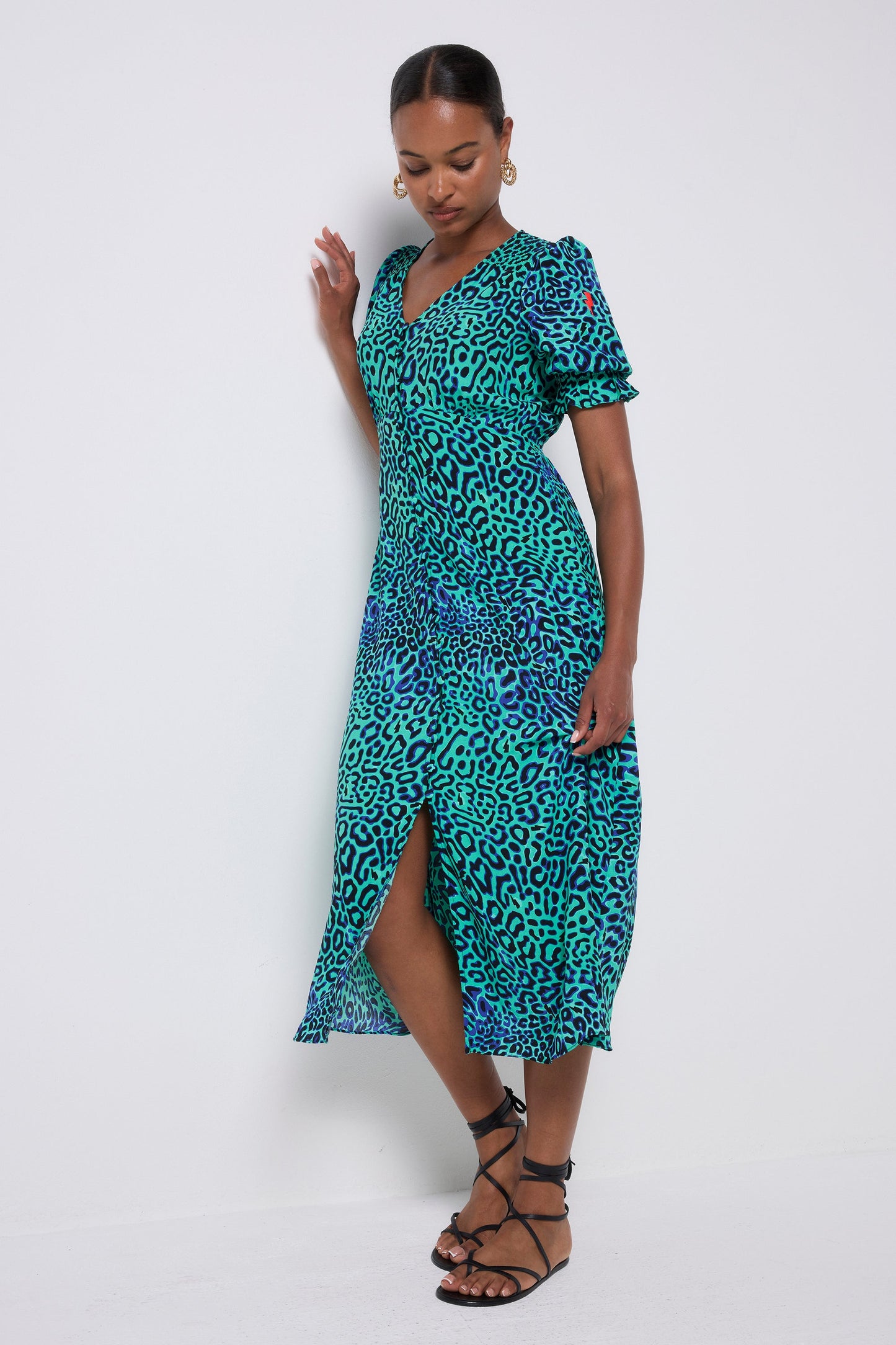 Green with Black Leopard Ray Flute Sleeve Midi Tea Dress
