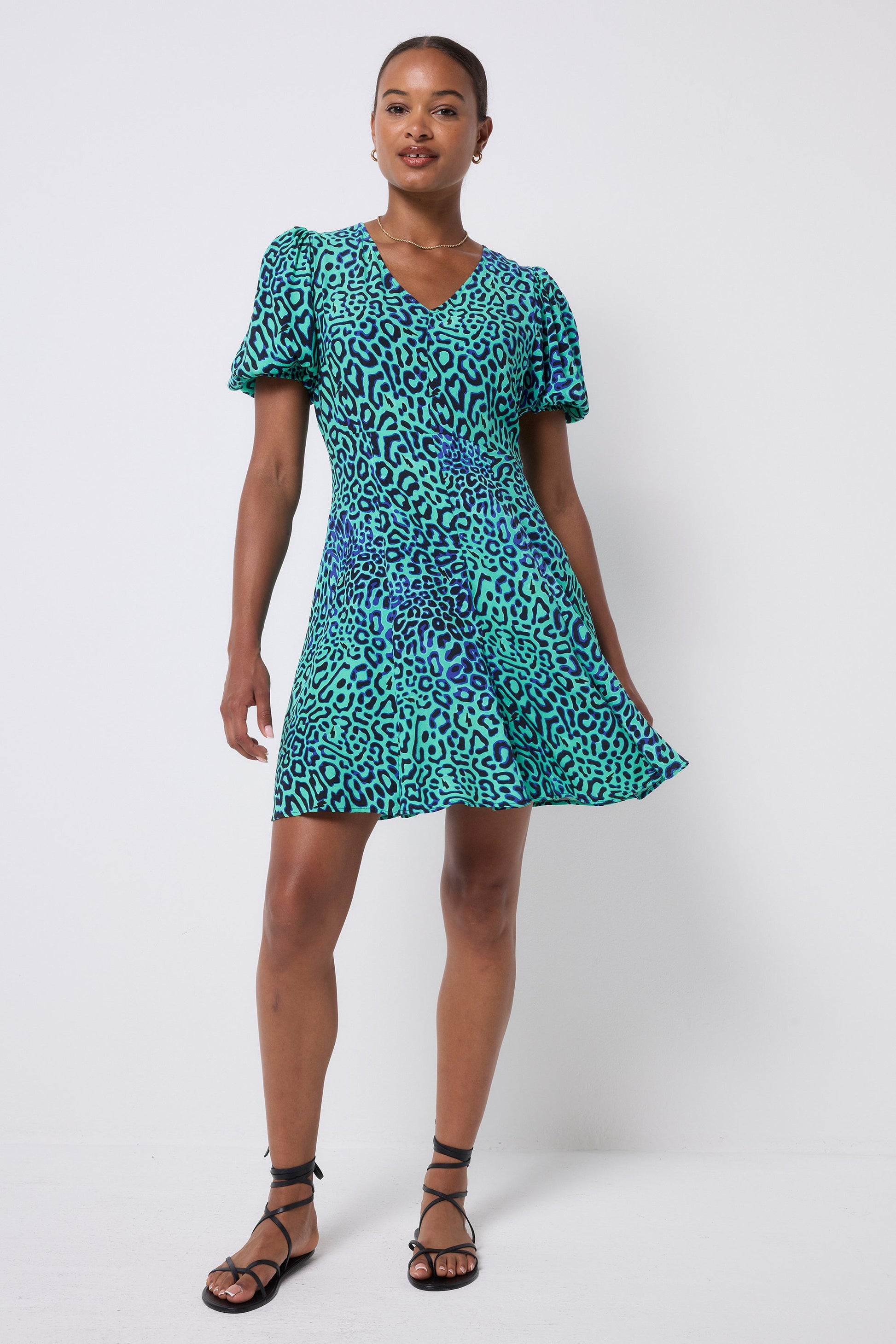 Green with Black Leopard Ray Short Skater Tea Dress