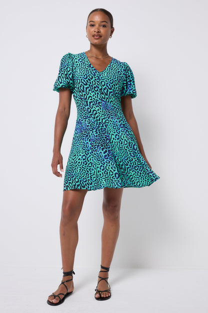 Green with Black Leopard Ray Short Skater Tea Dress