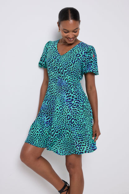 Green with Black Leopard Ray Short Skater Tea Dress