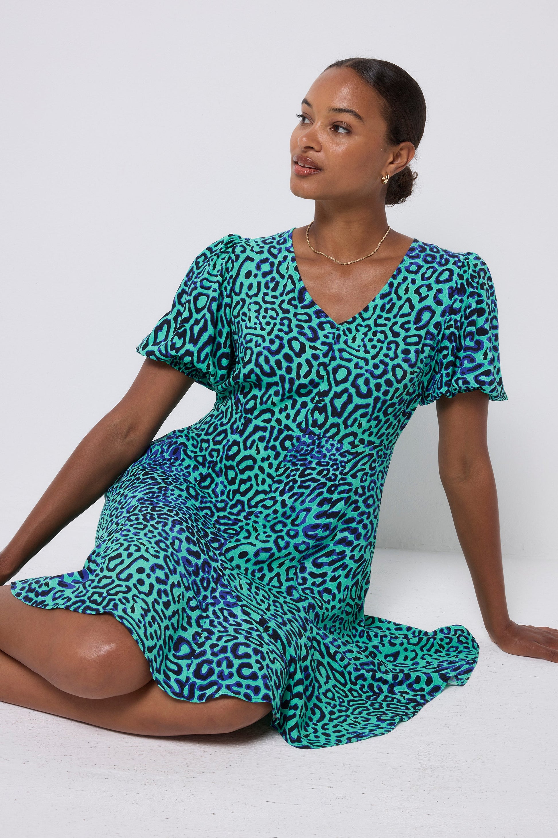 Green with Black Leopard Ray Short Skater Tea Dress