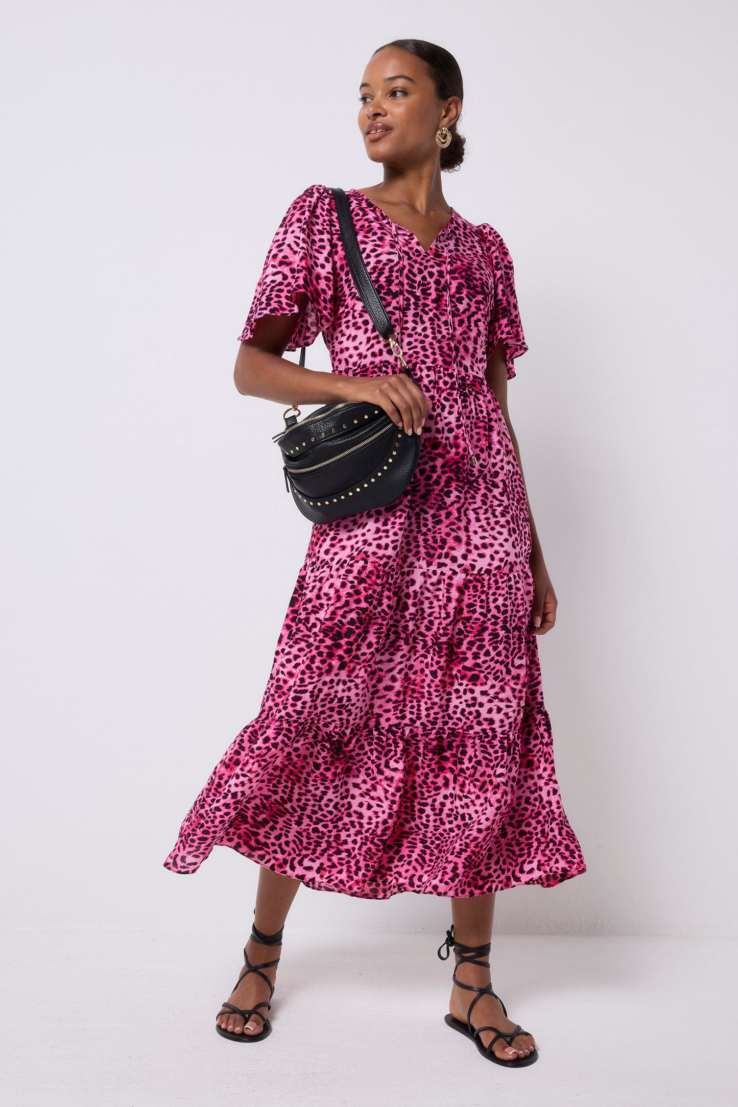 Bright Pink with Black Cheetah Tie Front Maxi Dress