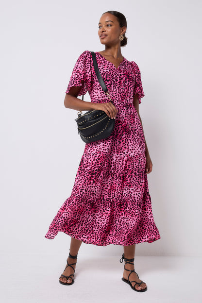 Bright Pink with Black Cheetah Tie Front Maxi Dress