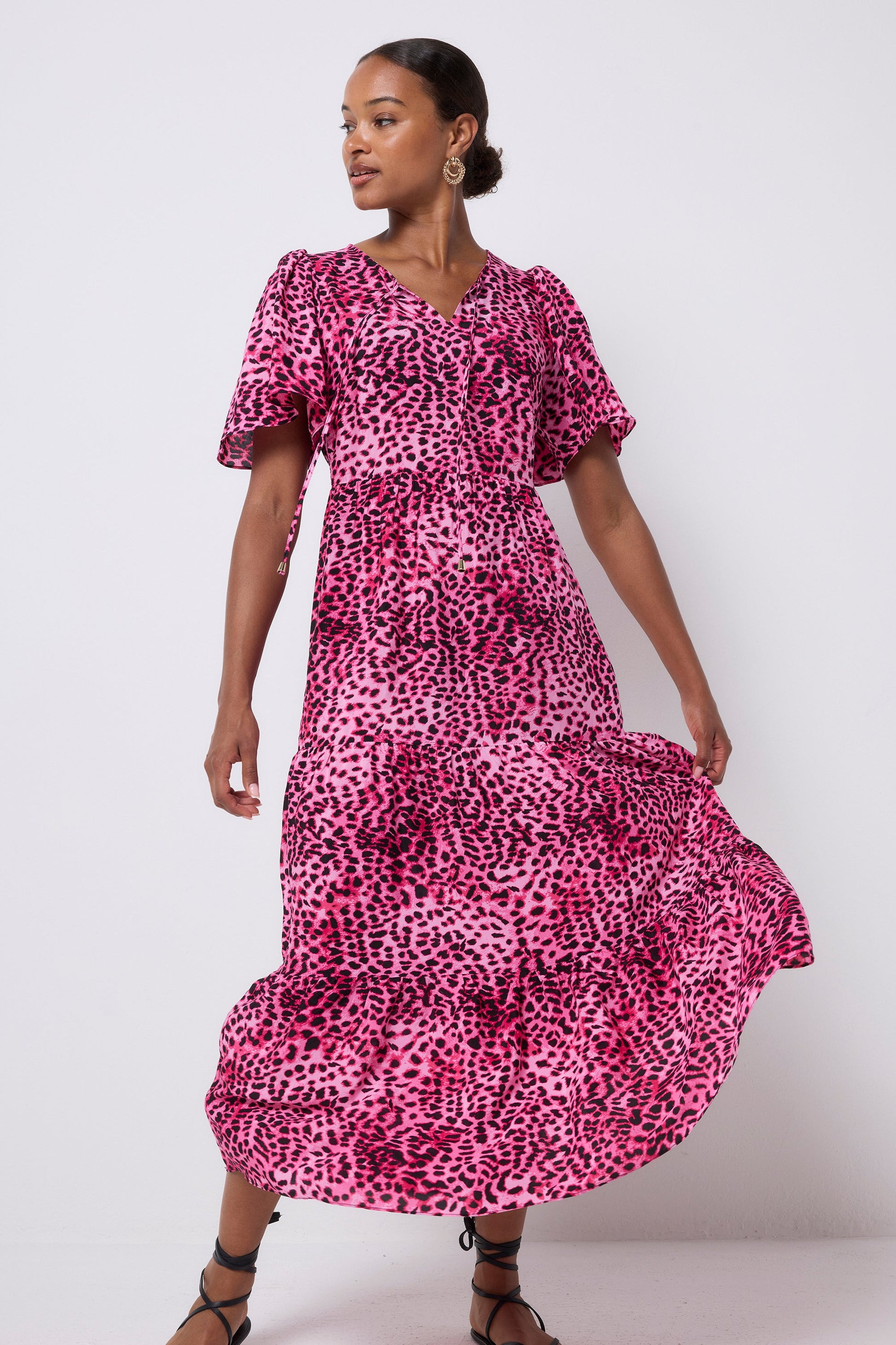 Bright Pink with Black Cheetah Tie Front Maxi Dress