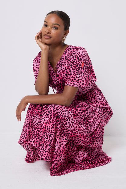 Bright Pink with Black Cheetah Tie Front Maxi Dress