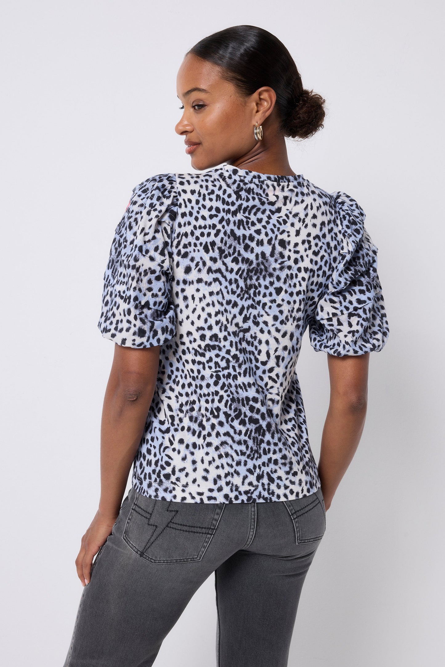 White with Blue and Grey Cheetah Pintuck Sleeve T-Shirt