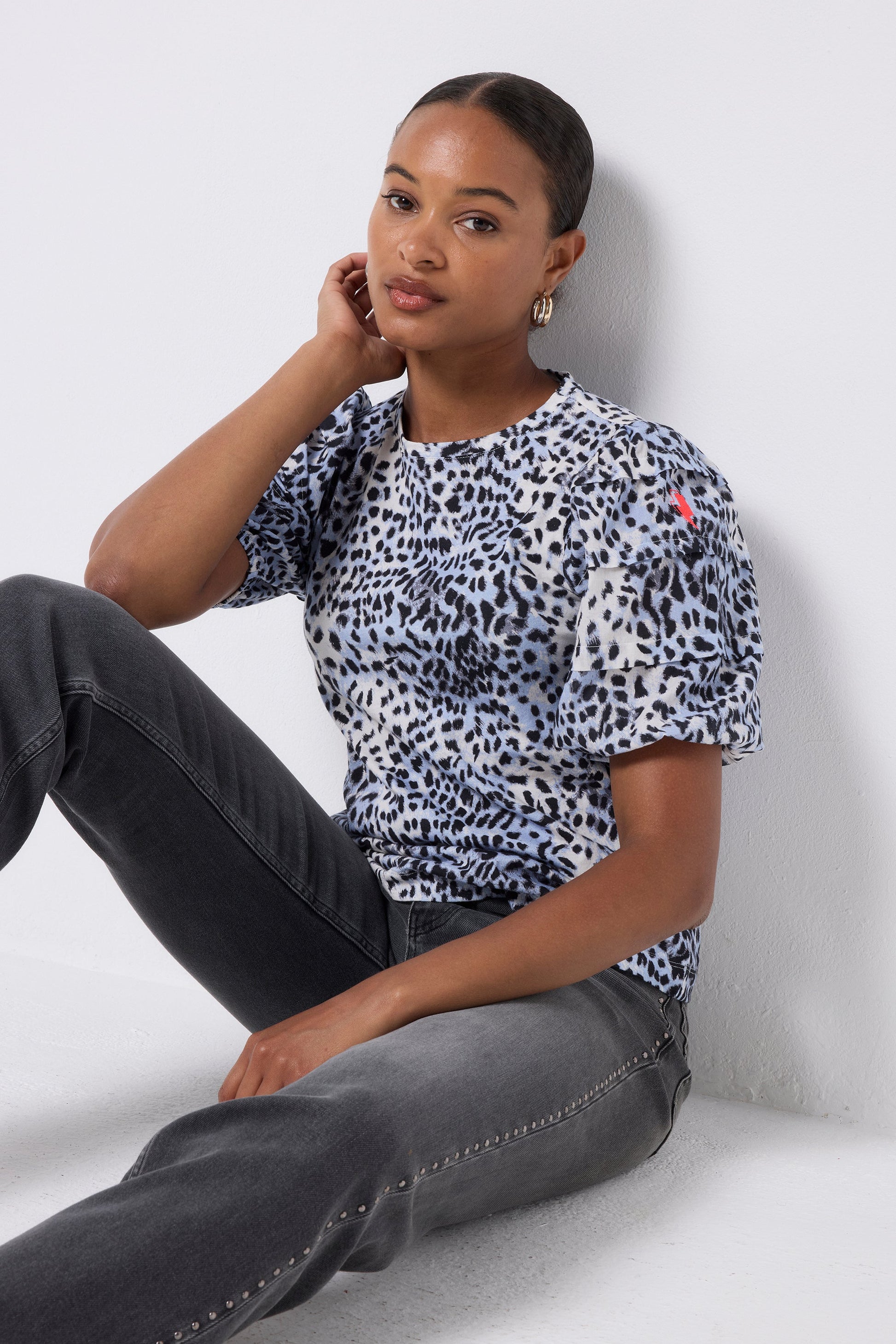 White with Blue and Grey Cheetah Pintuck Sleeve T-Shirt