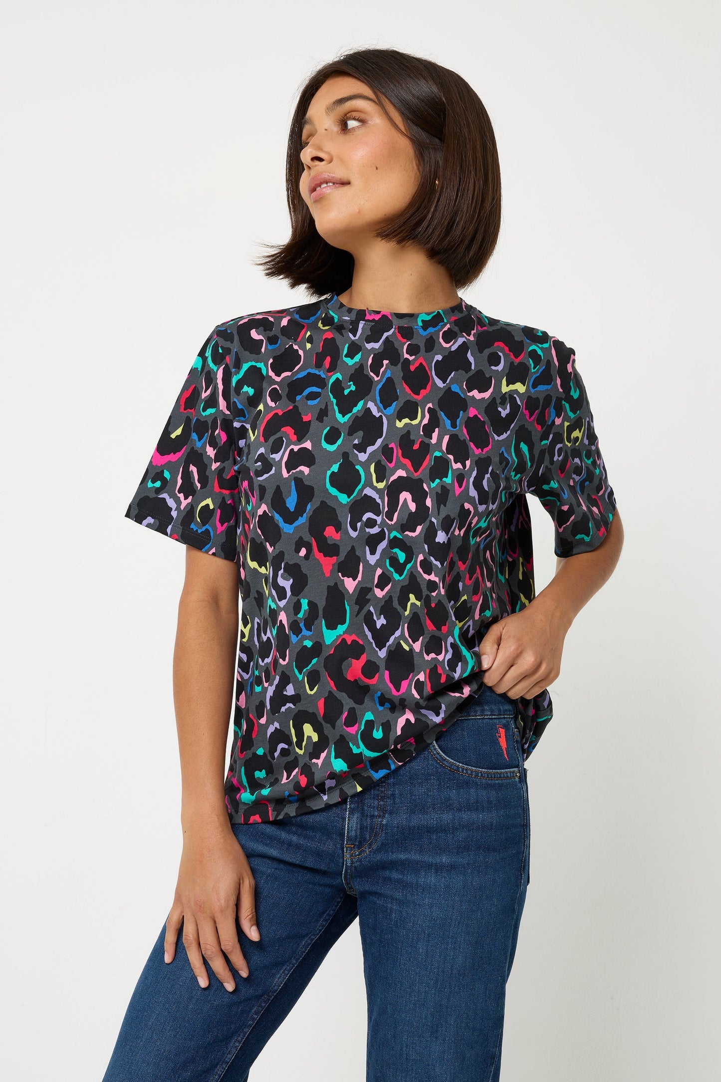 Grey with Rainbow Shadow Leopard Print T-Shirt