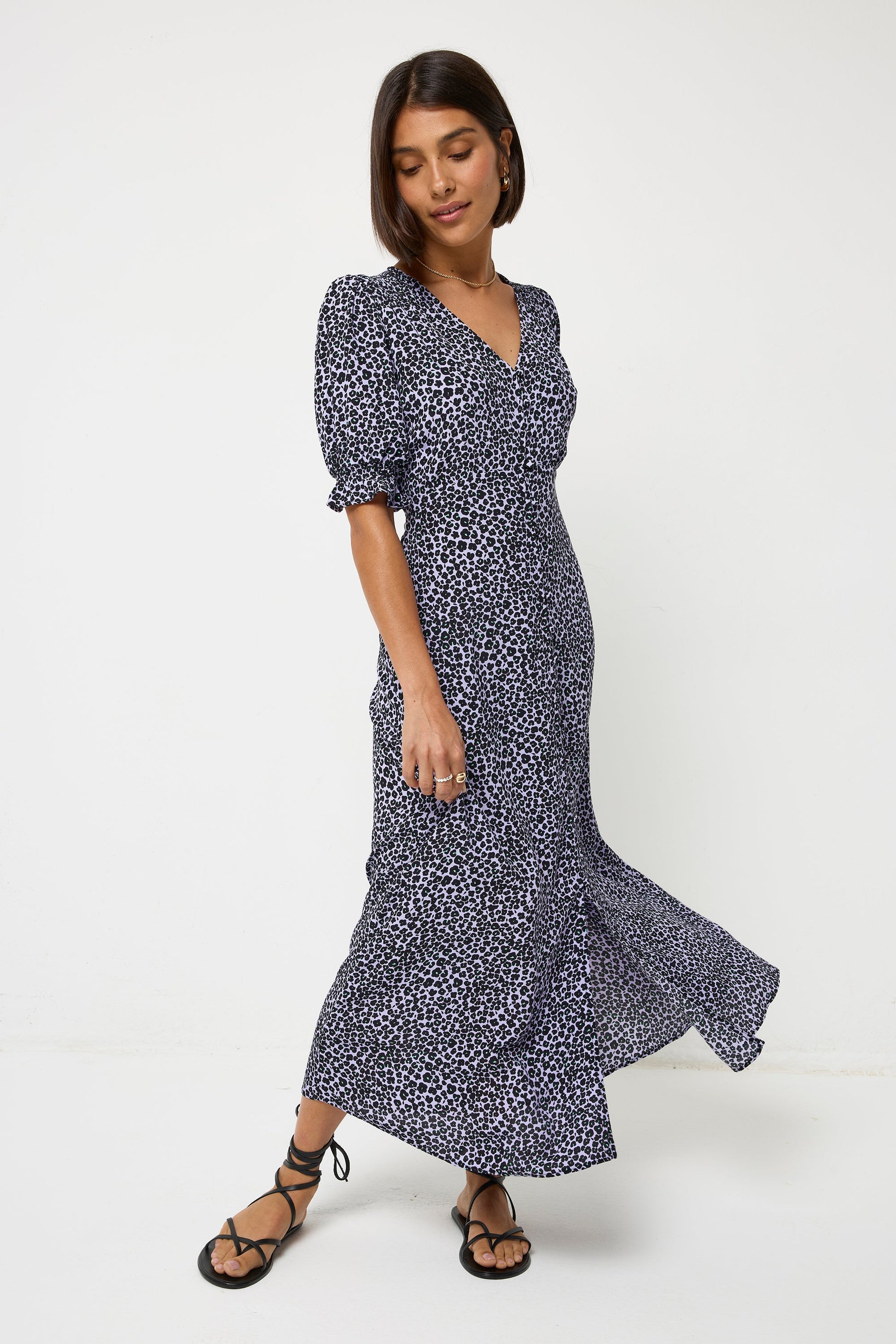 Lilac Mini Leopard Flute Sleeve Midi Tea Dress