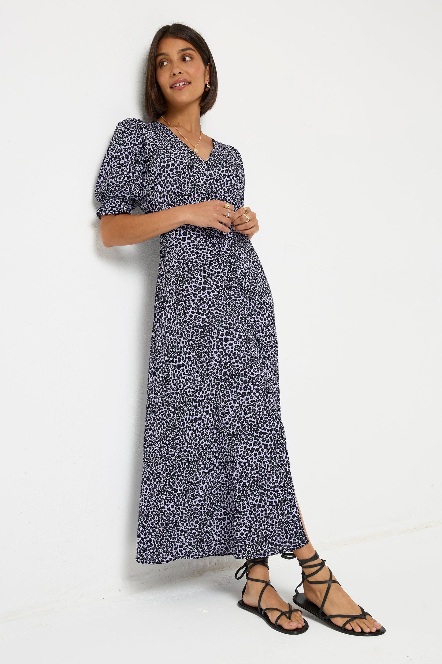 Lilac Mini Leopard Flute Sleeve Midi Tea Dress